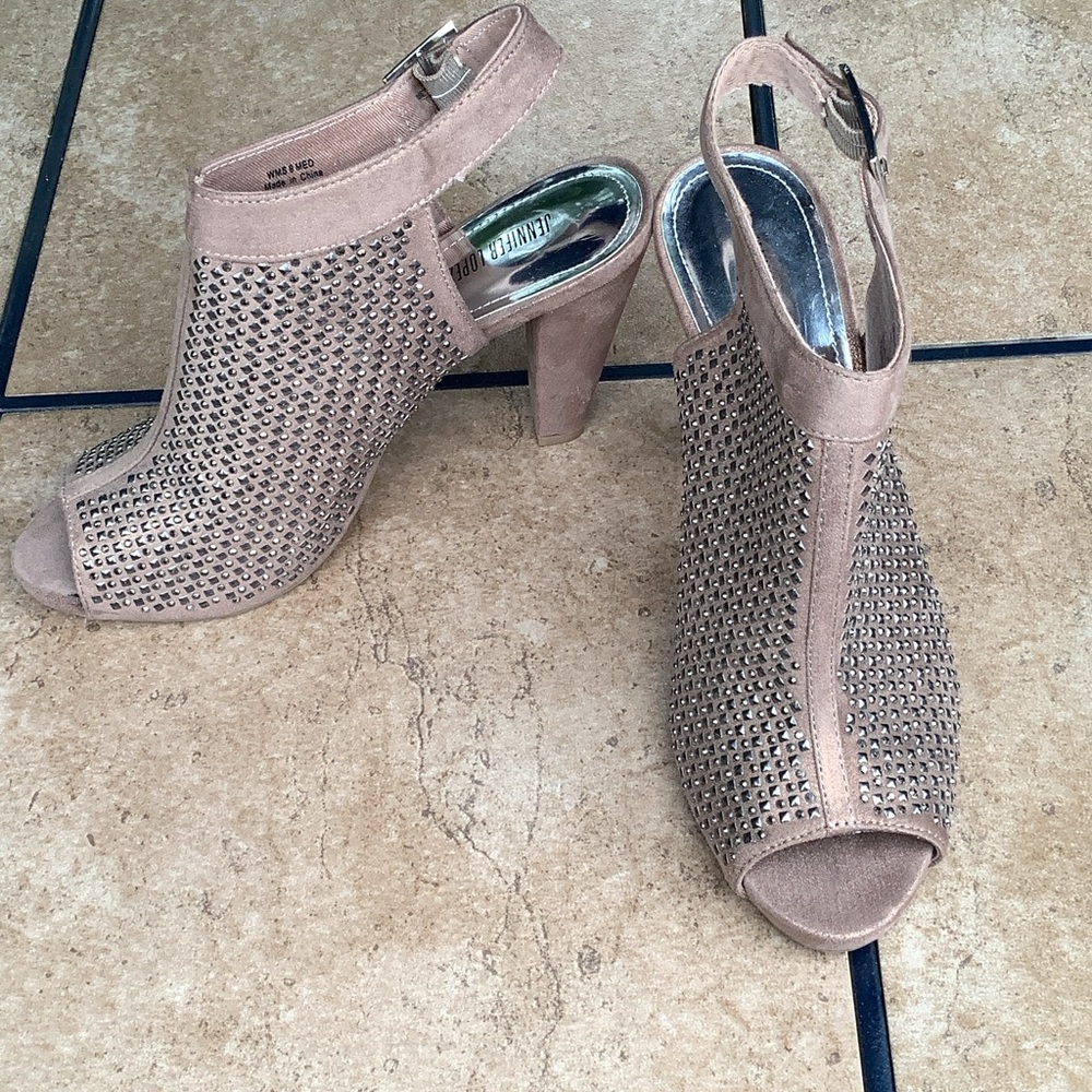 Jennifer Lopez Taupe Studded Peep-Toe Slingback Heels